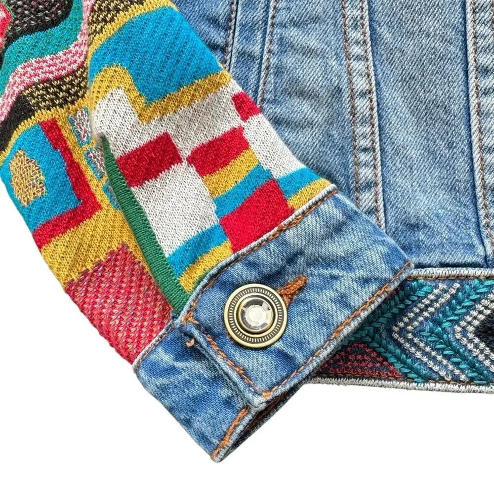Desigual Fiorella Embroidered Denim Jacket Knitted Sleeves Bohemian Size 4 US - Picture 4 of 13